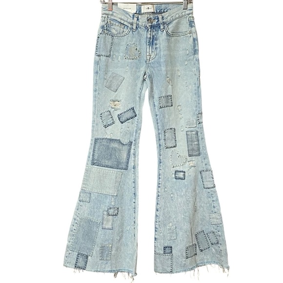 7 For All Mankind Low Rise Flare Jeans 27 Tailorless Iris Patch All Over Patches - Picture 8 of 16